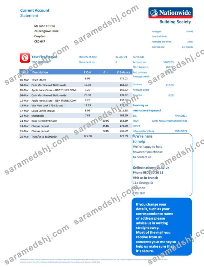 United Kingdom Nationwide bank statement template in Excel and PDF file format